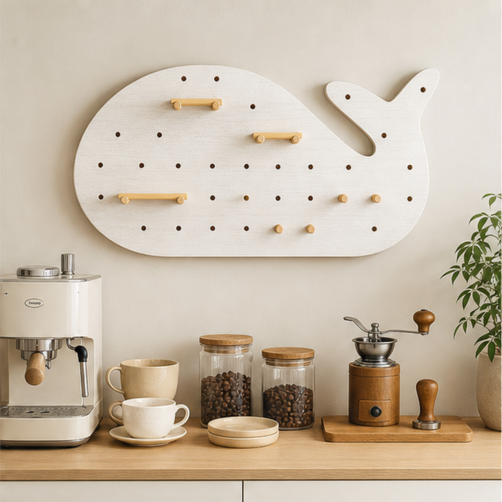 80 x 40 cm Cream White whale coffee pegboard above a compact coffee bar