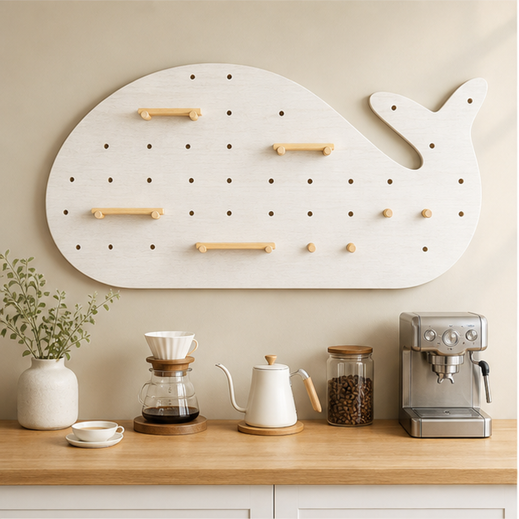 120 x 60 cm Cream White whale coffee pegboard above a coffee station