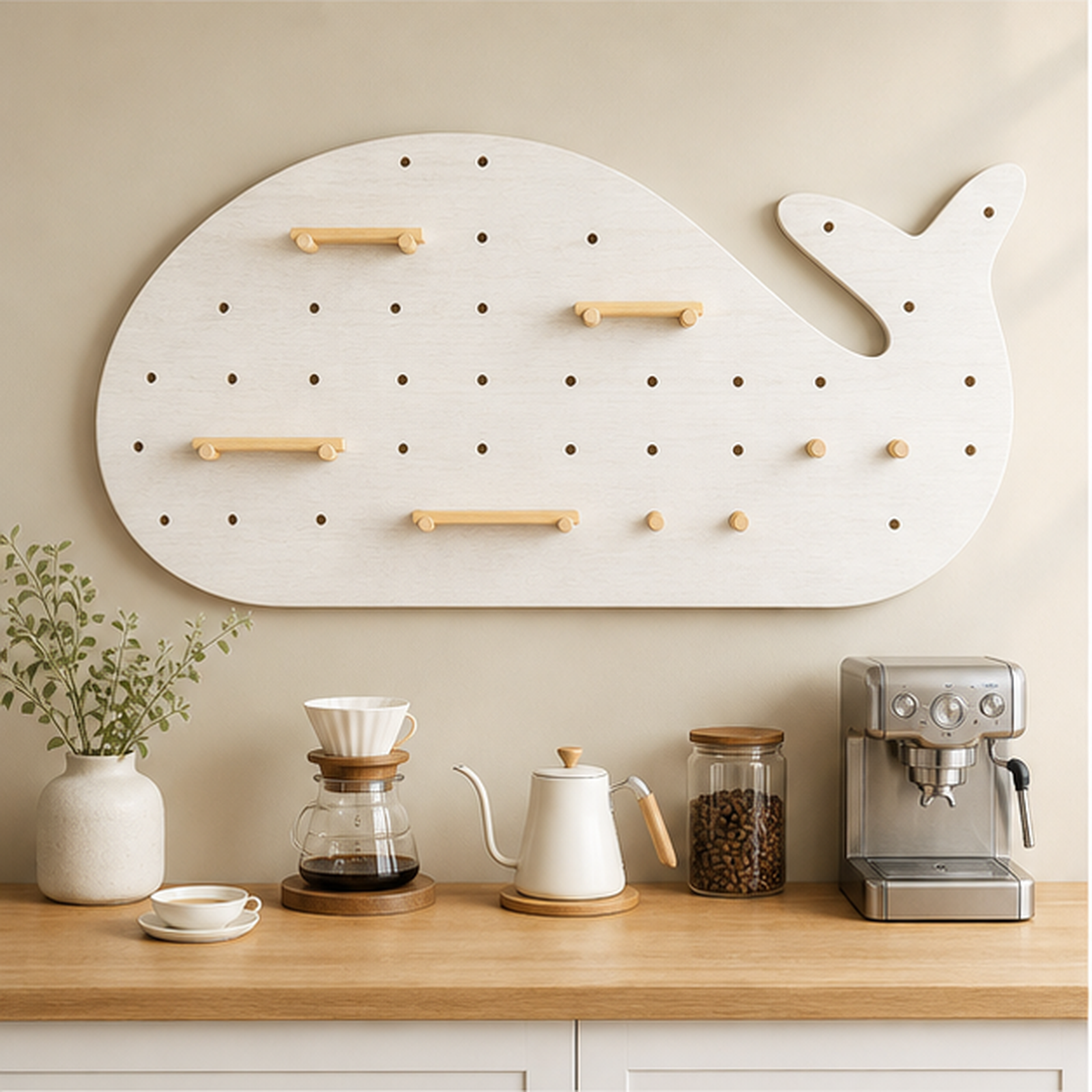 120 x 60 cm Cream White whale coffee pegboard above a coffee station