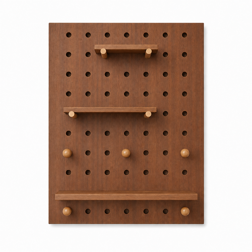 Vintage Walnut Classic wall-mounted coffee bar pegboard organizer on white