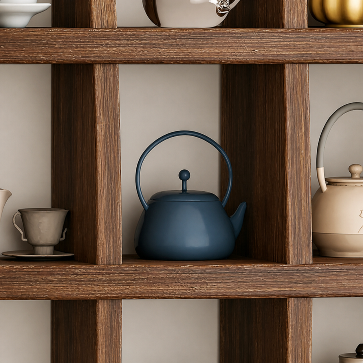Close-up of an open storage cubby with a kettle on the solid paulownia wall coffee shelf