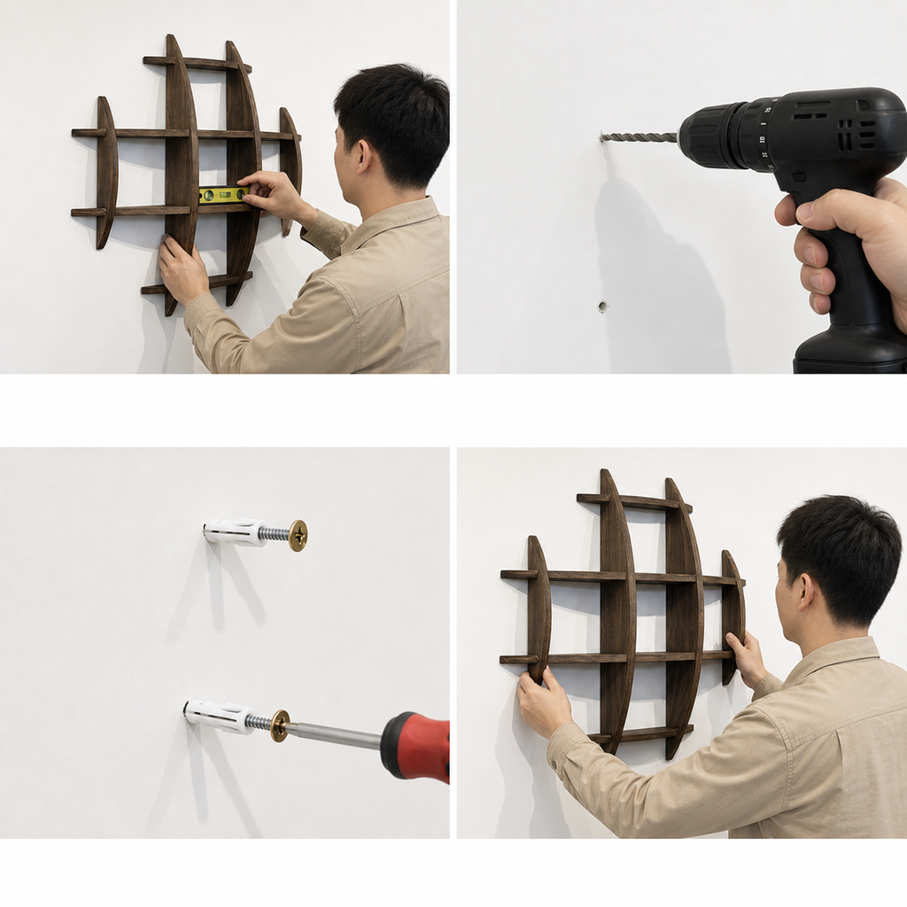 Four-step installation guide for the large-grid solid paulownia wall coffee shelf