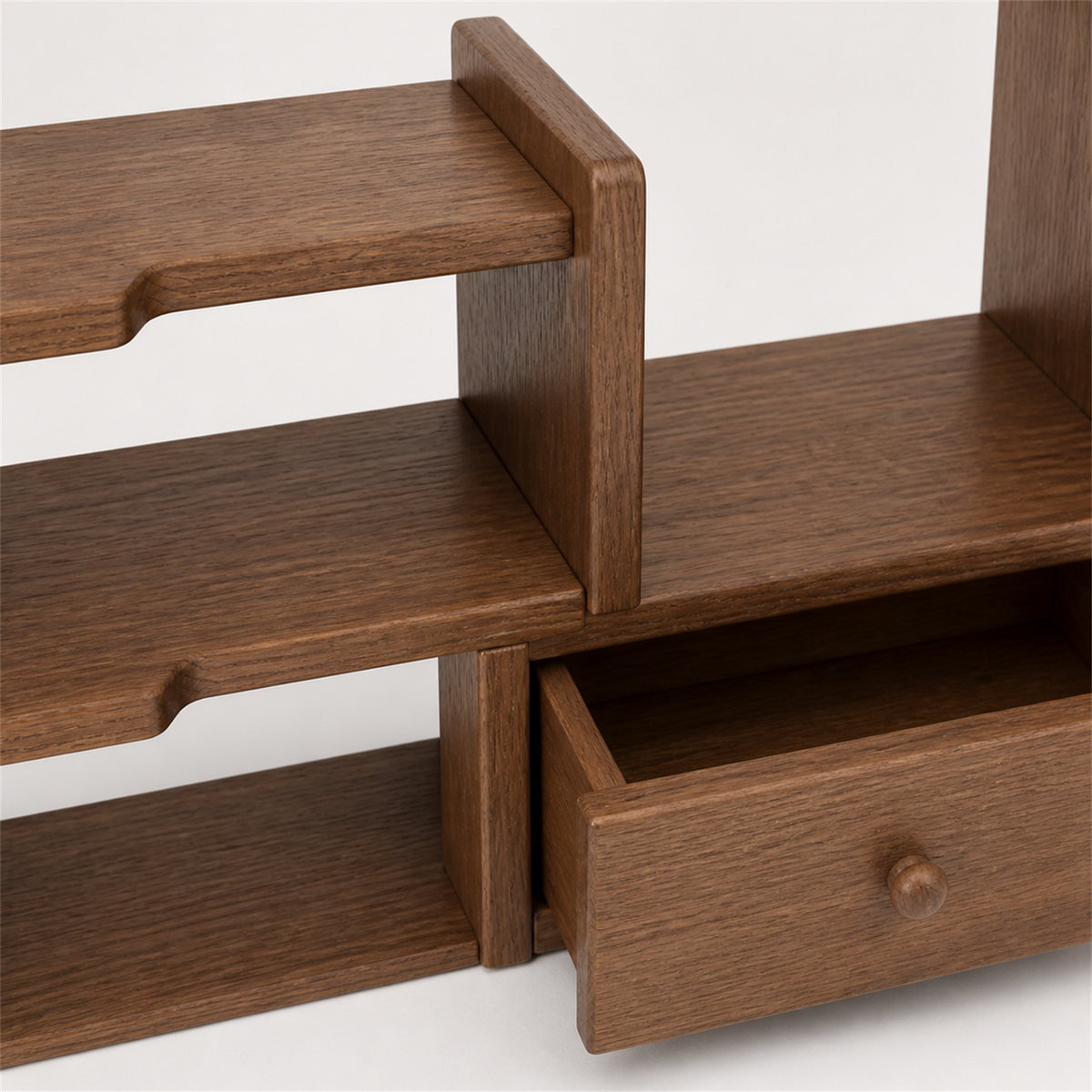 Expandable solid wood coffee organizer drawer and sliding shelf joint detail