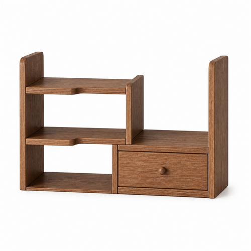 Expandable solid wood countertop coffee organizer with drawer on white