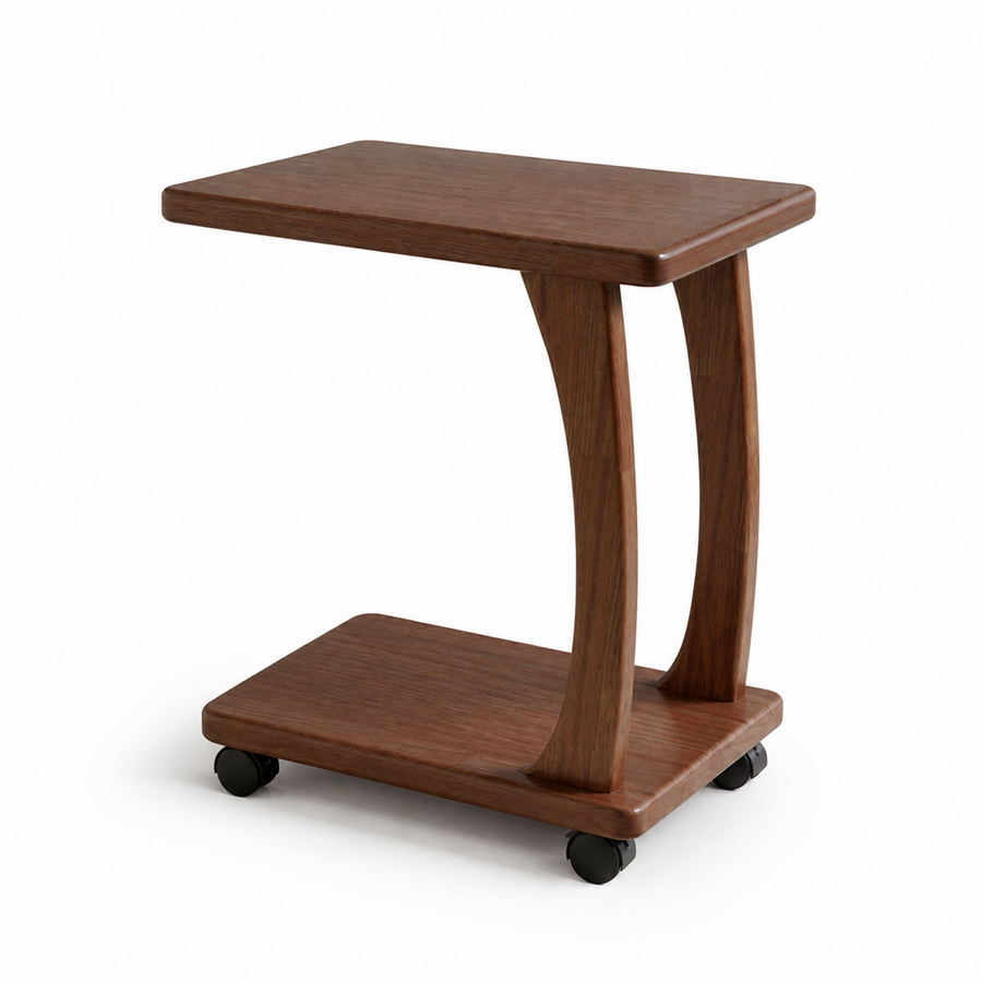 35 cm solid oak flat-top mobile coffee side table on white background