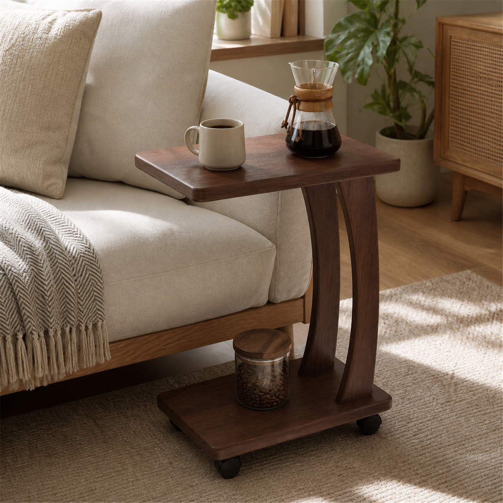 35 cm mobile coffee side table in Walnut Brown beside a sofa