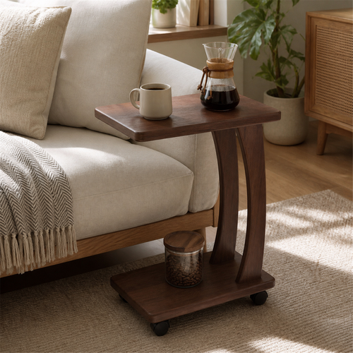 35 cm mobile coffee side table in Walnut Brown beside a sofa