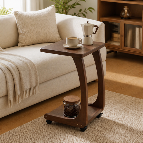 46 cm mobile coffee side table in Walnut Brown beside a sofa