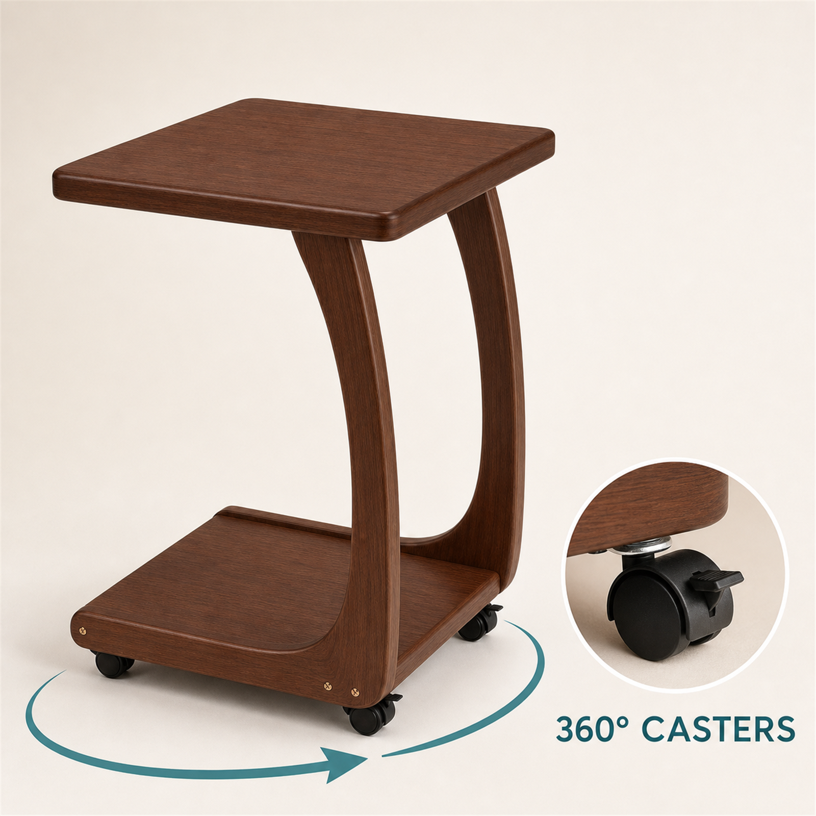 Compact 360-degree caster detail on solid oak mobile coffee side table