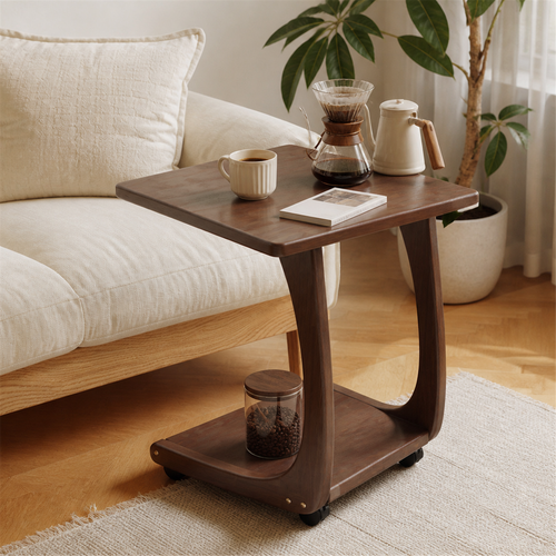 60 cm mobile coffee side table in Walnut Brown beside a sofa