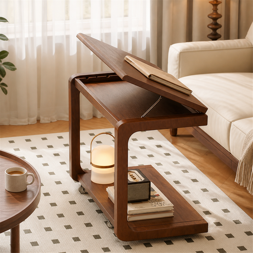 40 cm flip-top mobile coffee side table in Walnut Brown beside a sofa