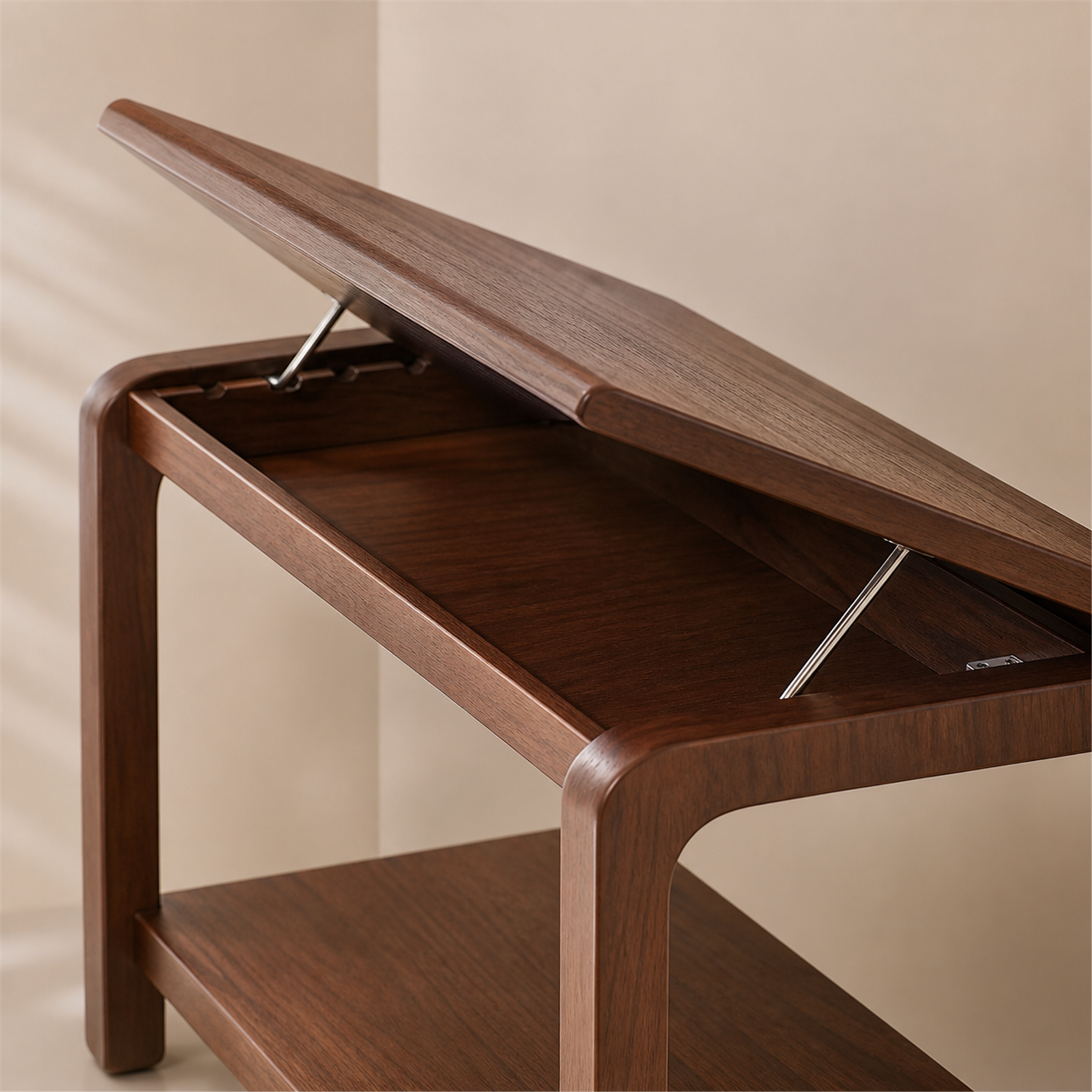 Flip-top coffee side table concealed storage compartment and support mechanism