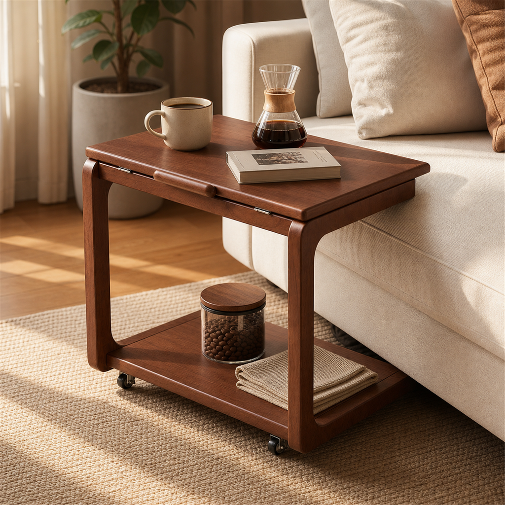 60 cm flip-top mobile coffee side table in Walnut Brown beside a sofa