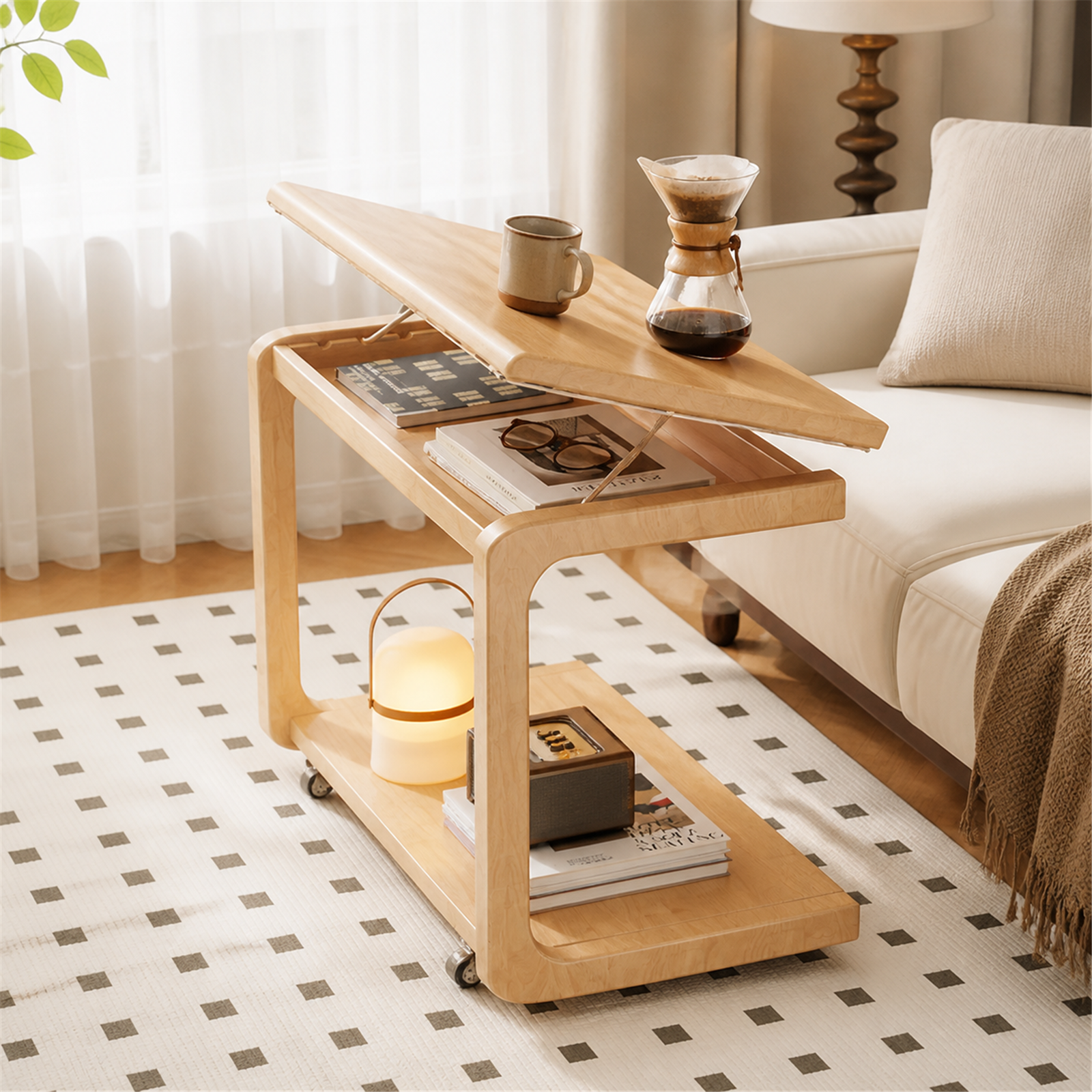 60 cm flip-top mobile coffee side table in Cherry Wood coffee corner