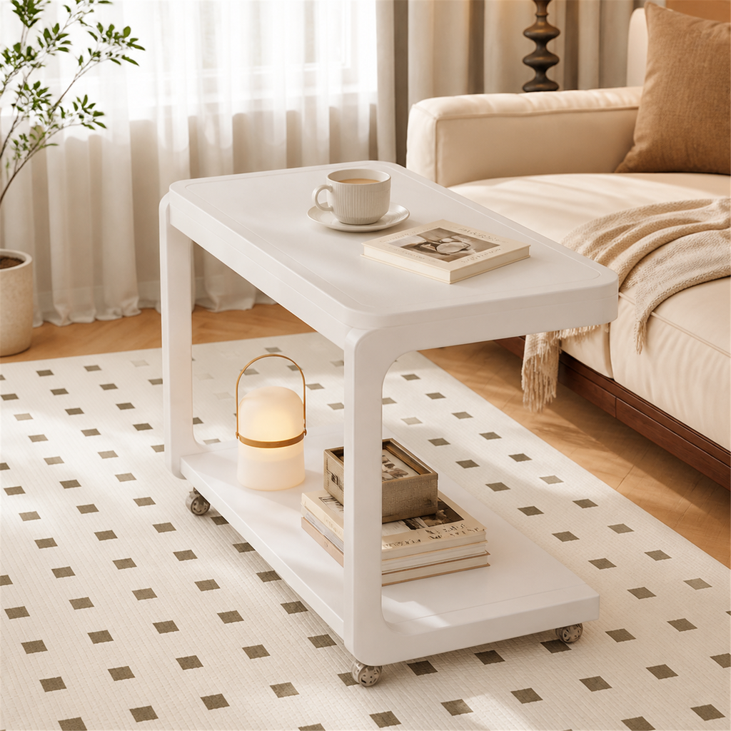 60 cm flip-top mobile coffee side table in Cream White beside a sofa