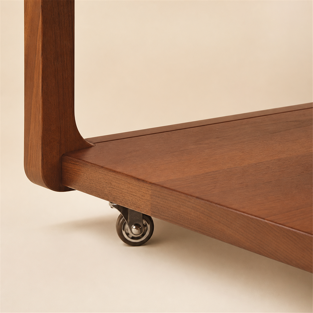 Solid oak lower shelf joinery and compact caster detail