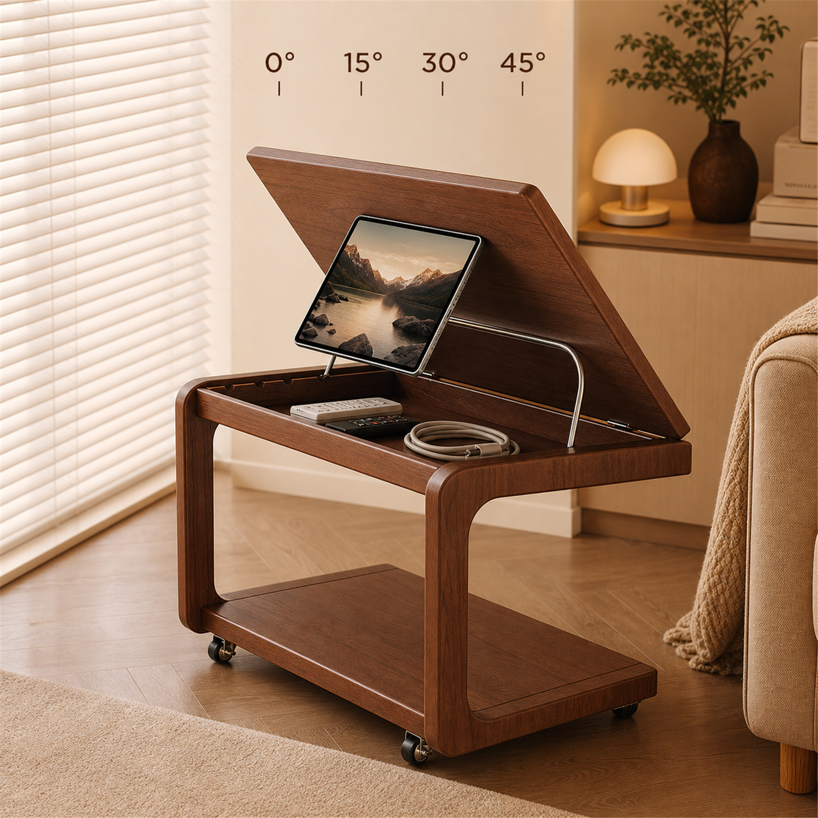 Coffee side table flip top shown at four adjustable angles
