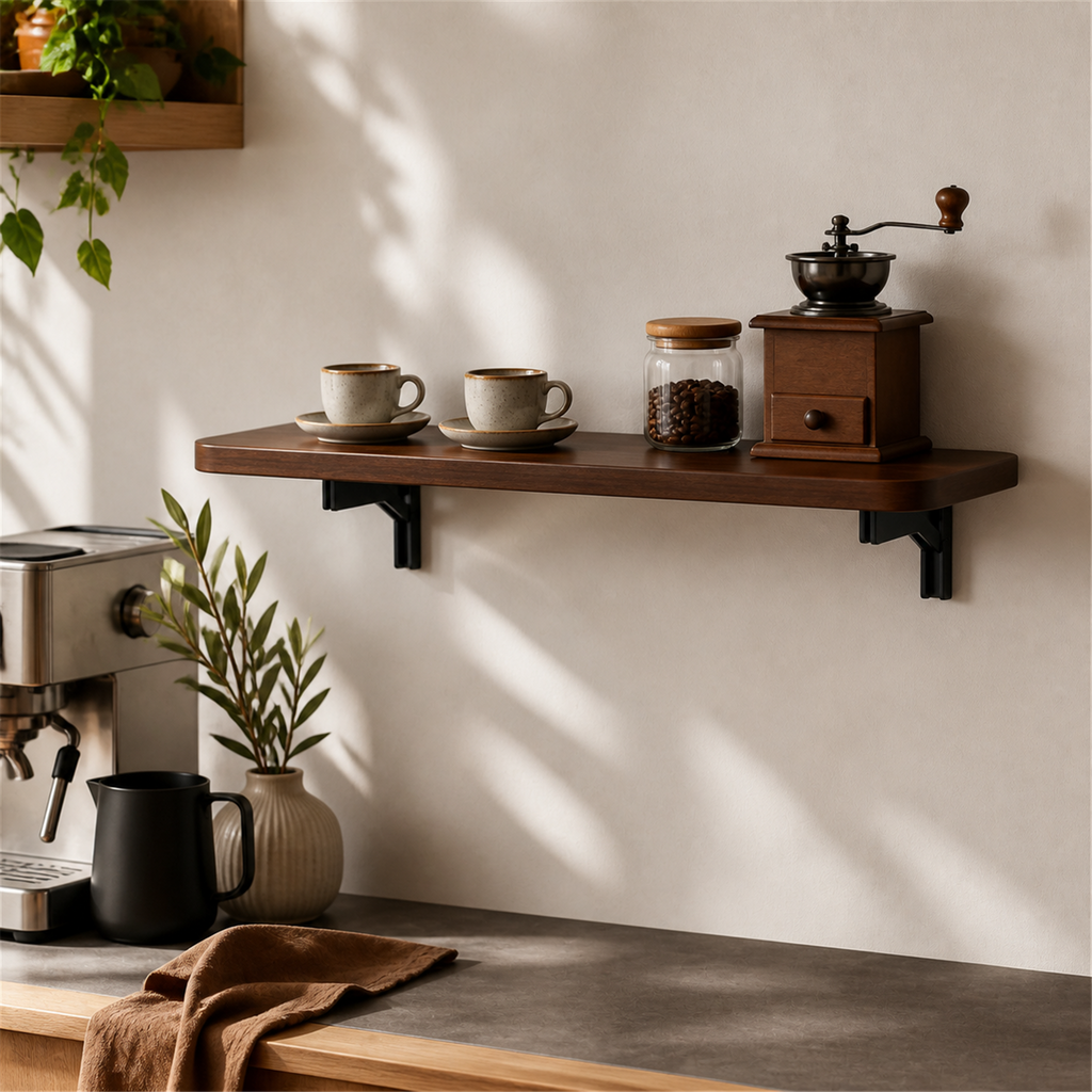 40 by 20 cm folding coffee bar shelf in a compact coffee corner