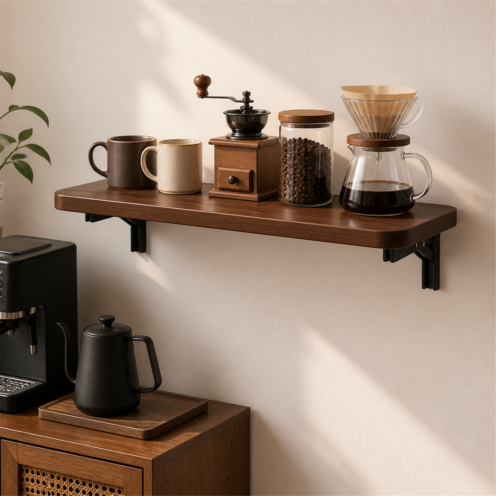 40 by 30 cm folding coffee bar shelf with brewing accessories
