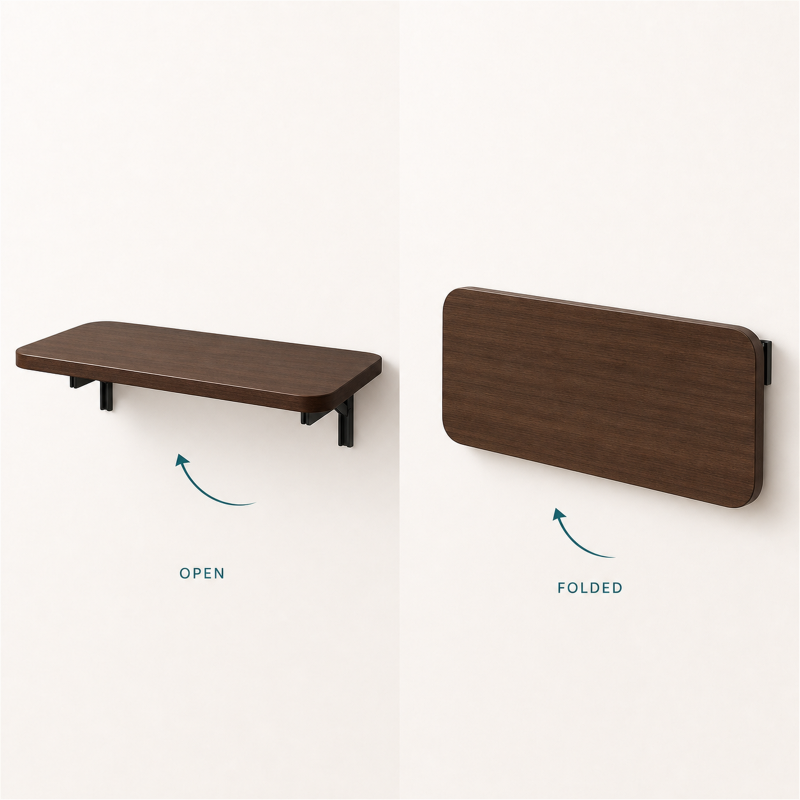 Wall-mounted coffee shelf shown open and folded