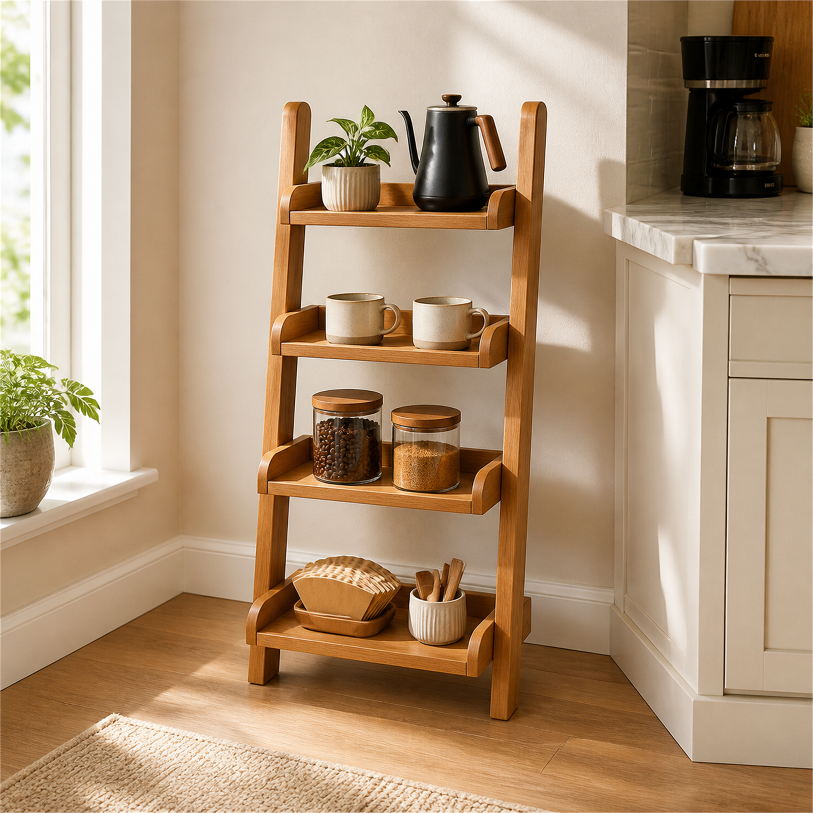 Four-tier solid wood ladder coffee bar shelf in a bright kitchen corner
