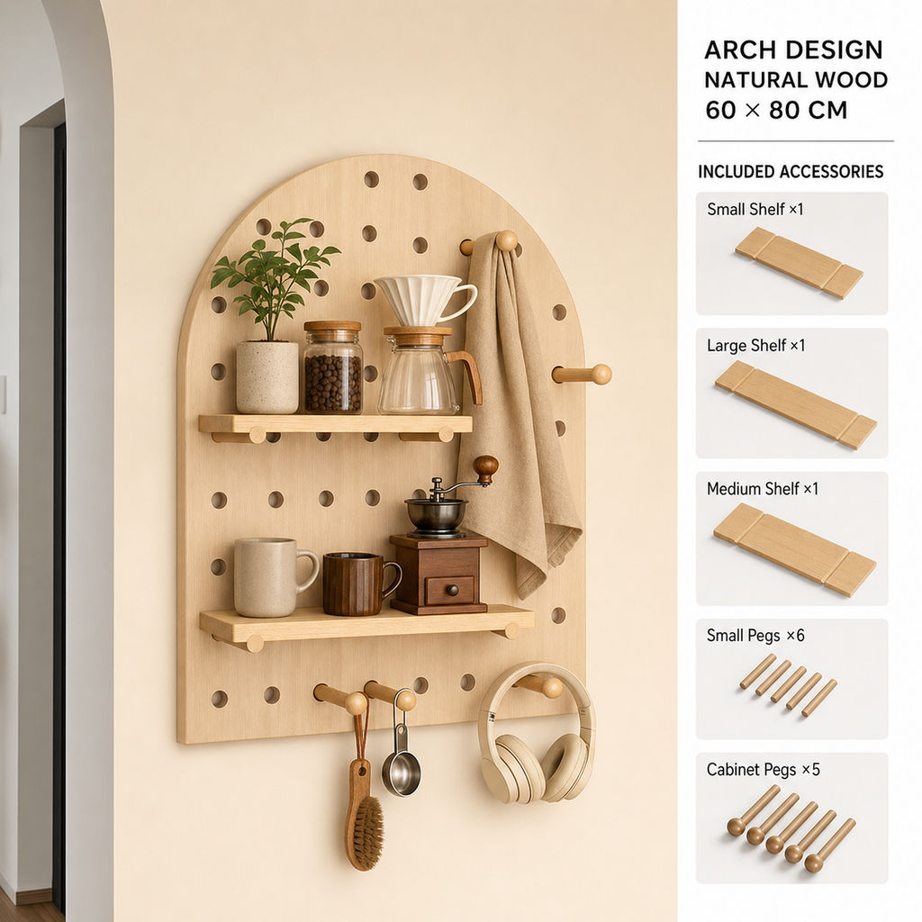 Arch Natural Wood decorative coffee corner pegboard