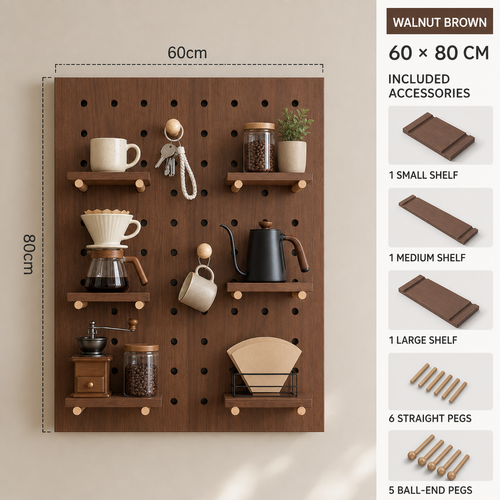 Modular coffee corner pegboard, Walnut Brown, 60 by 80 cm