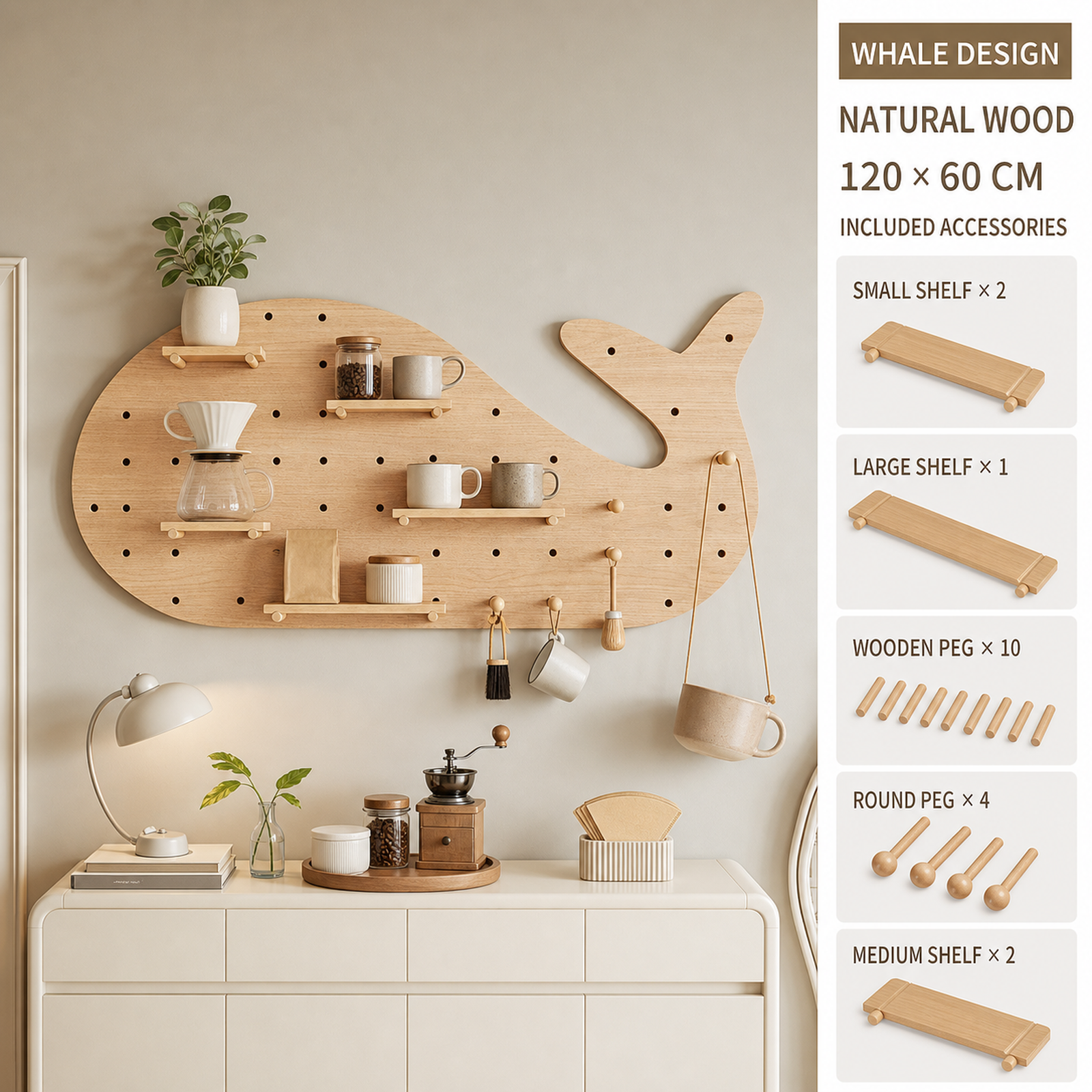 Whale Natural Wood decorative coffee corner pegboard
