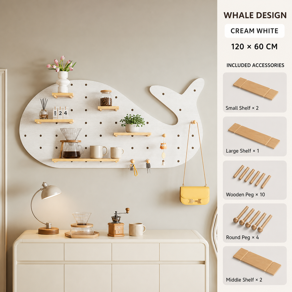 Whale Cream White decorative coffee corner pegboard