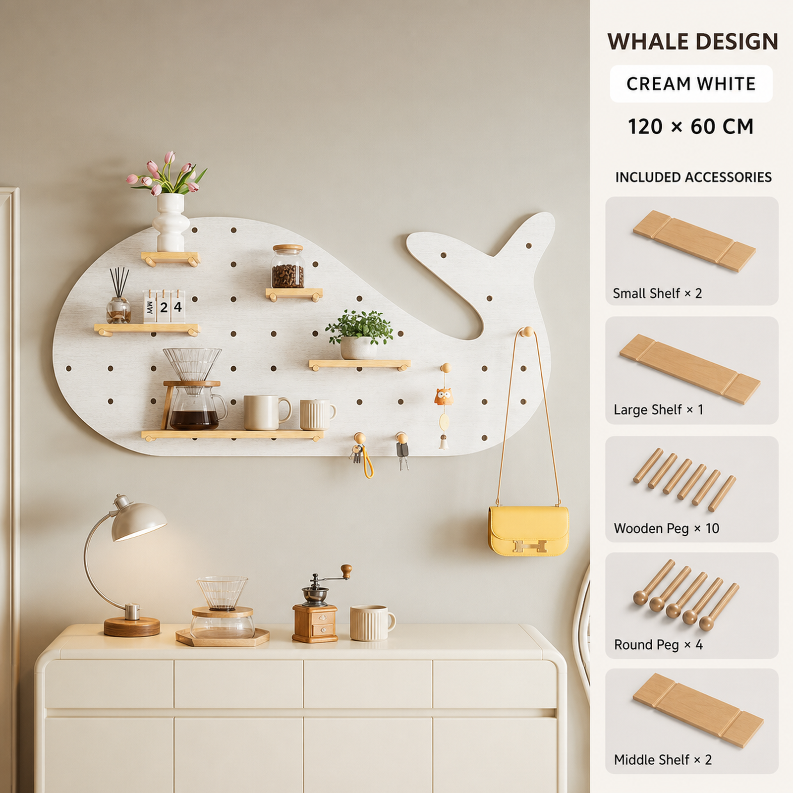 Whale Cream White decorative coffee corner pegboard