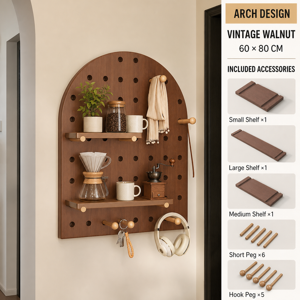 Arch Vintage Walnut decorative coffee corner pegboard