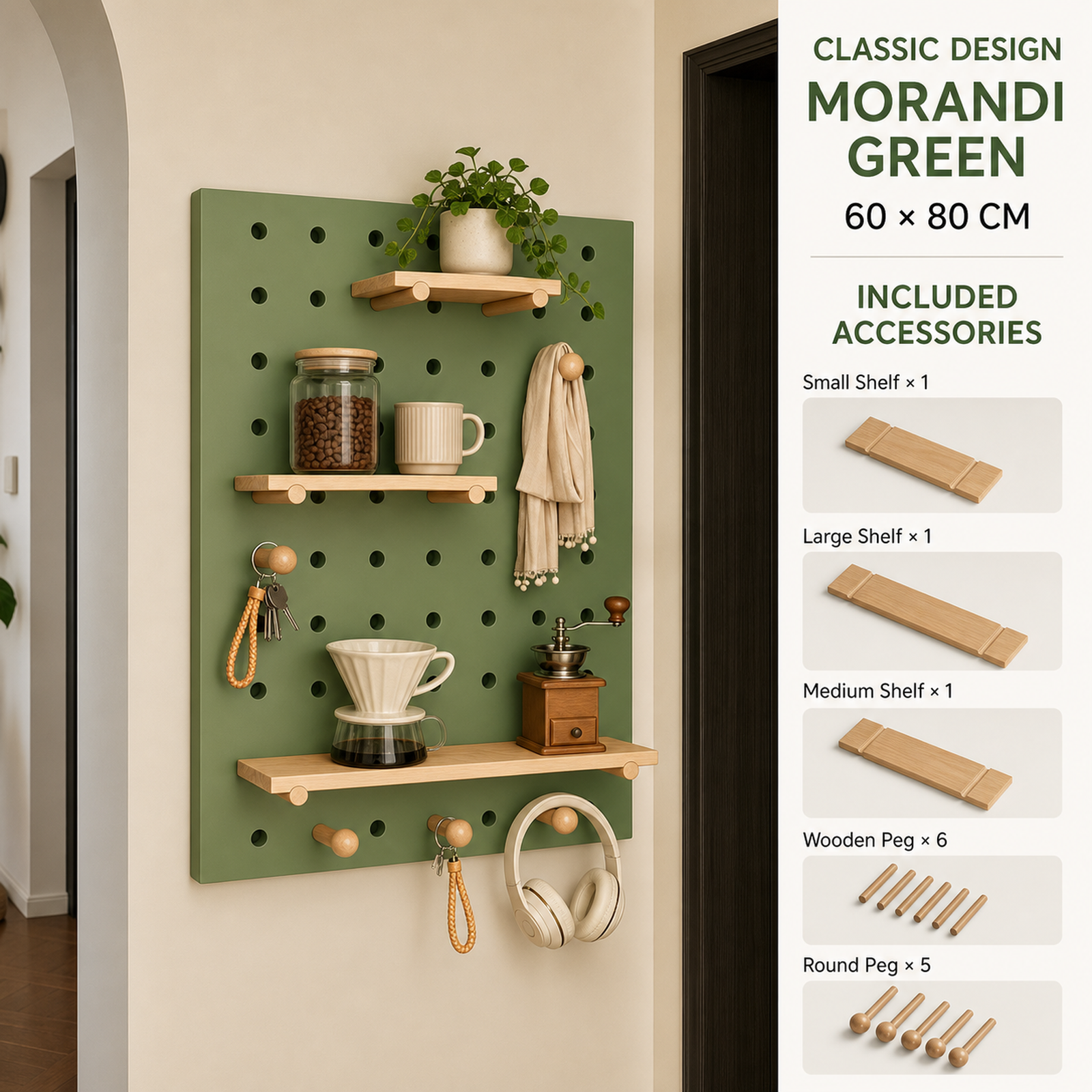 Classic Morandi Green decorative coffee corner pegboard