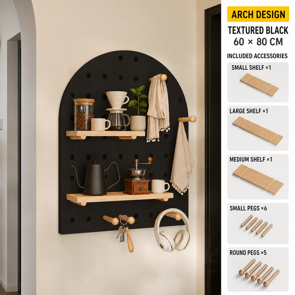 Arch Textured Black decorative coffee corner pegboard