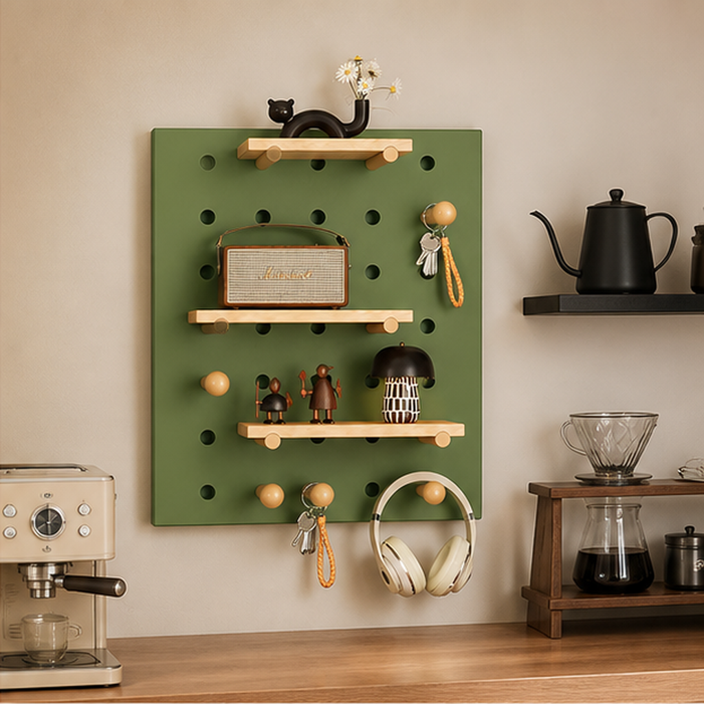 Morandi Green Classic wall coffee pegboard organizer in a home coffee bar