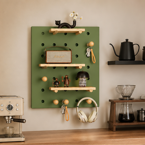 Morandi Green Classic wall coffee pegboard organizer in a home coffee bar