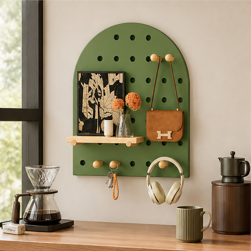 Morandi Green Arch wall coffee pegboard organizer in a home coffee corner