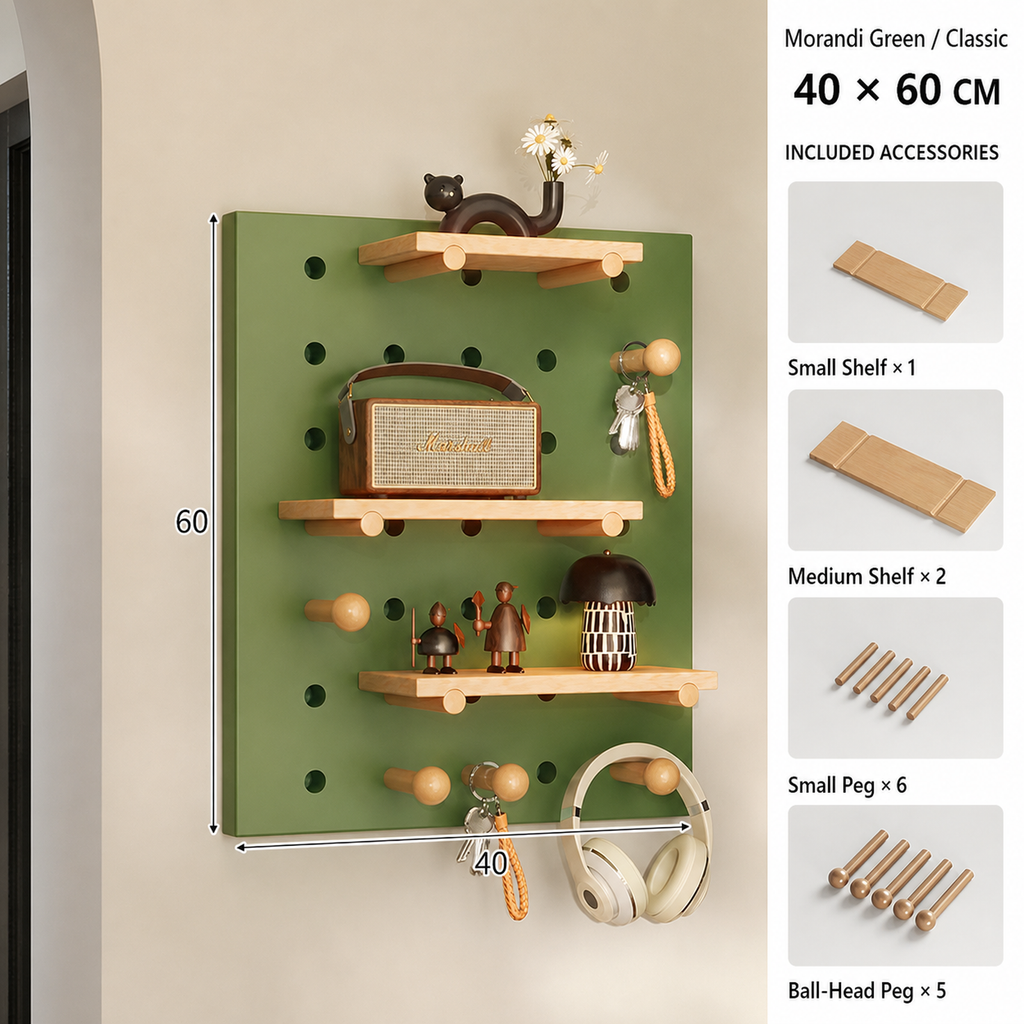 Morandi Green Classic coffee pegboard dimensions and included accessories
