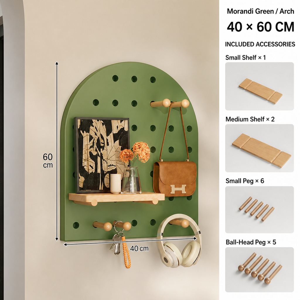 Morandi Green Arch coffee pegboard dimensions and included accessories