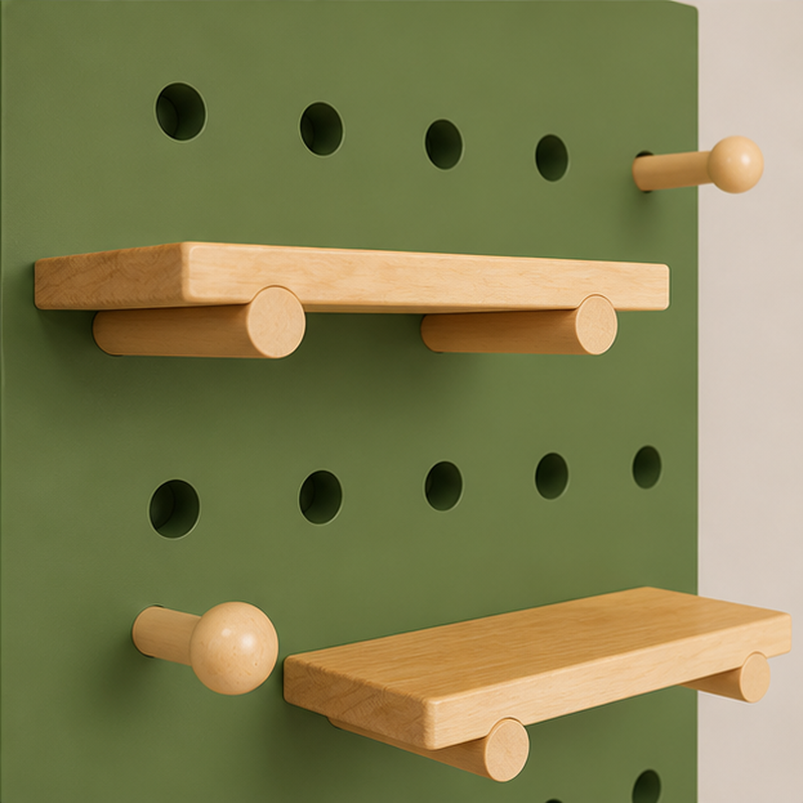 Morandi Green pegboard round-hole grid, shelf mounting and wooden peg detail