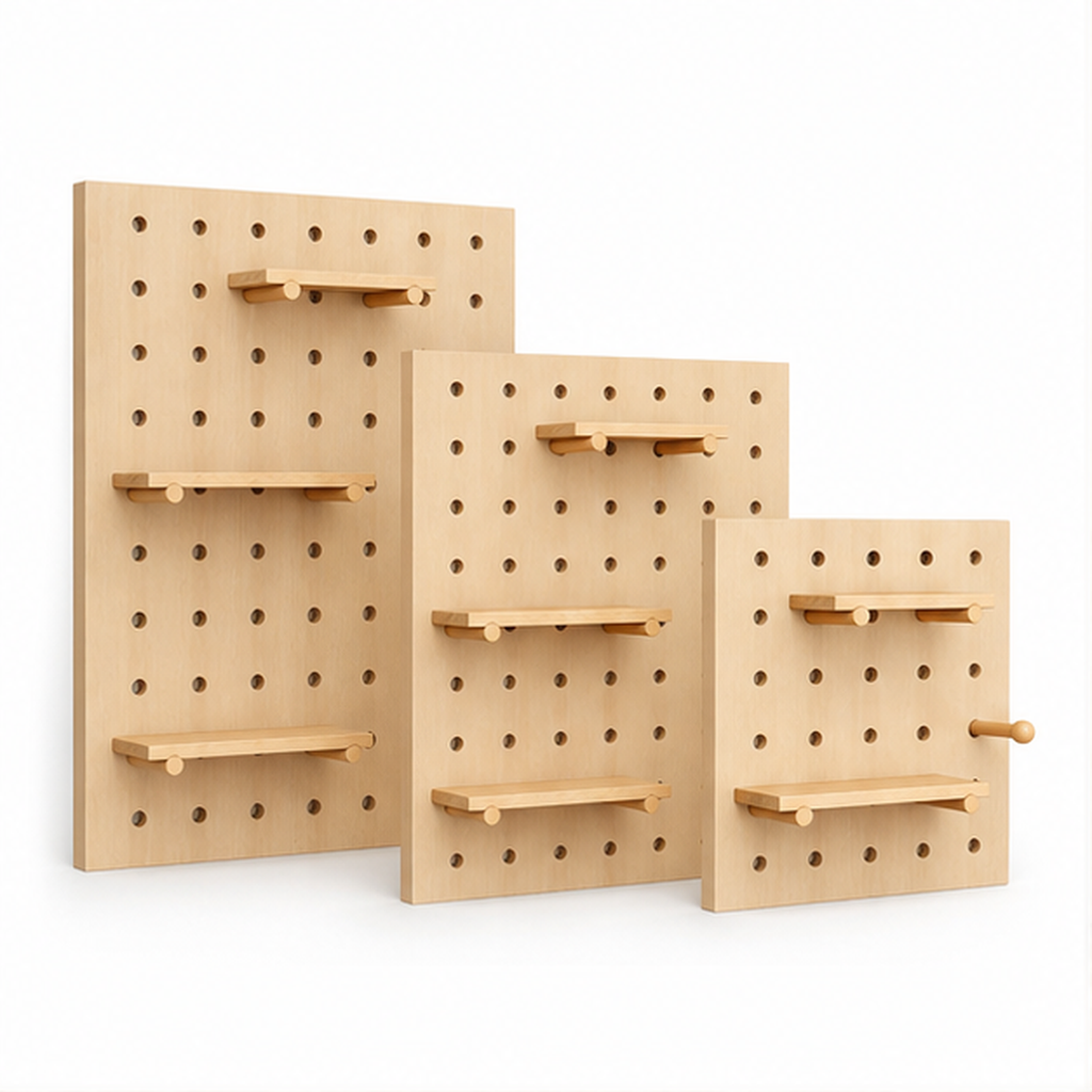 Natural Wood Classic wall-mounted coffee pegboard organizer in three sizes on white