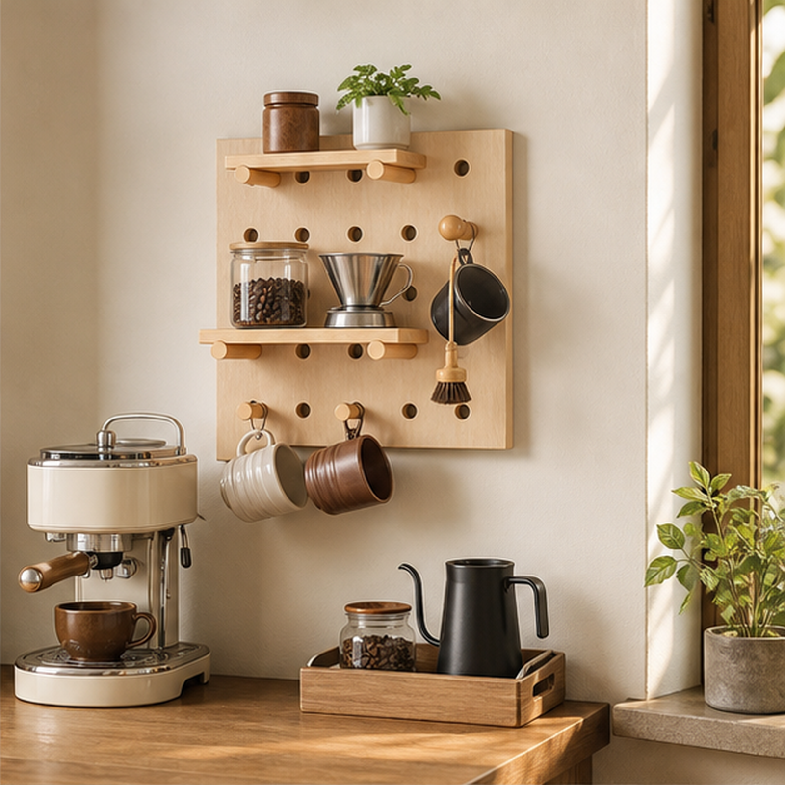 40 x 60 cm Natural Wood Classic coffee pegboard above a compact coffee bar