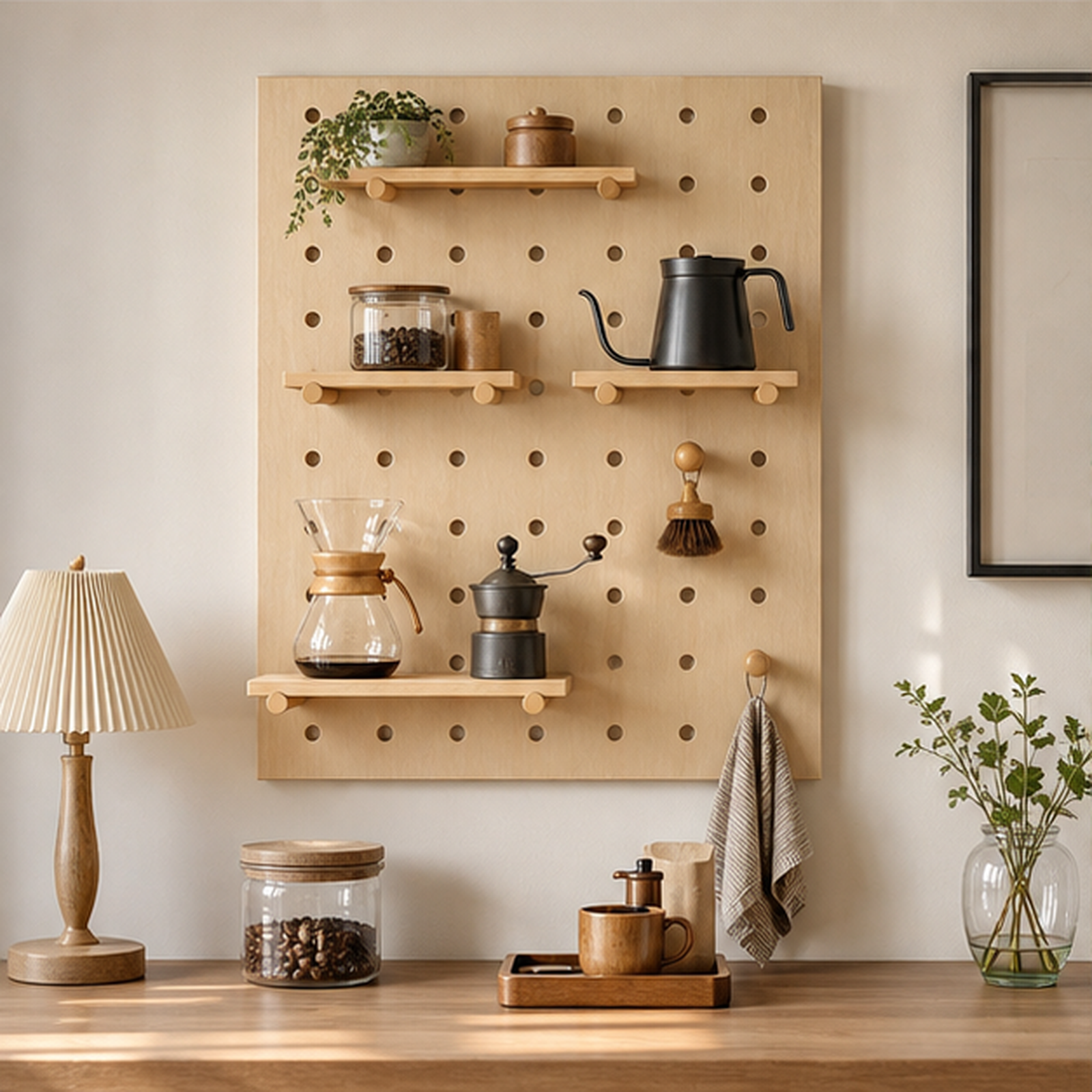 60 x 80 cm Natural Wood Classic coffee pegboard in a coffee station