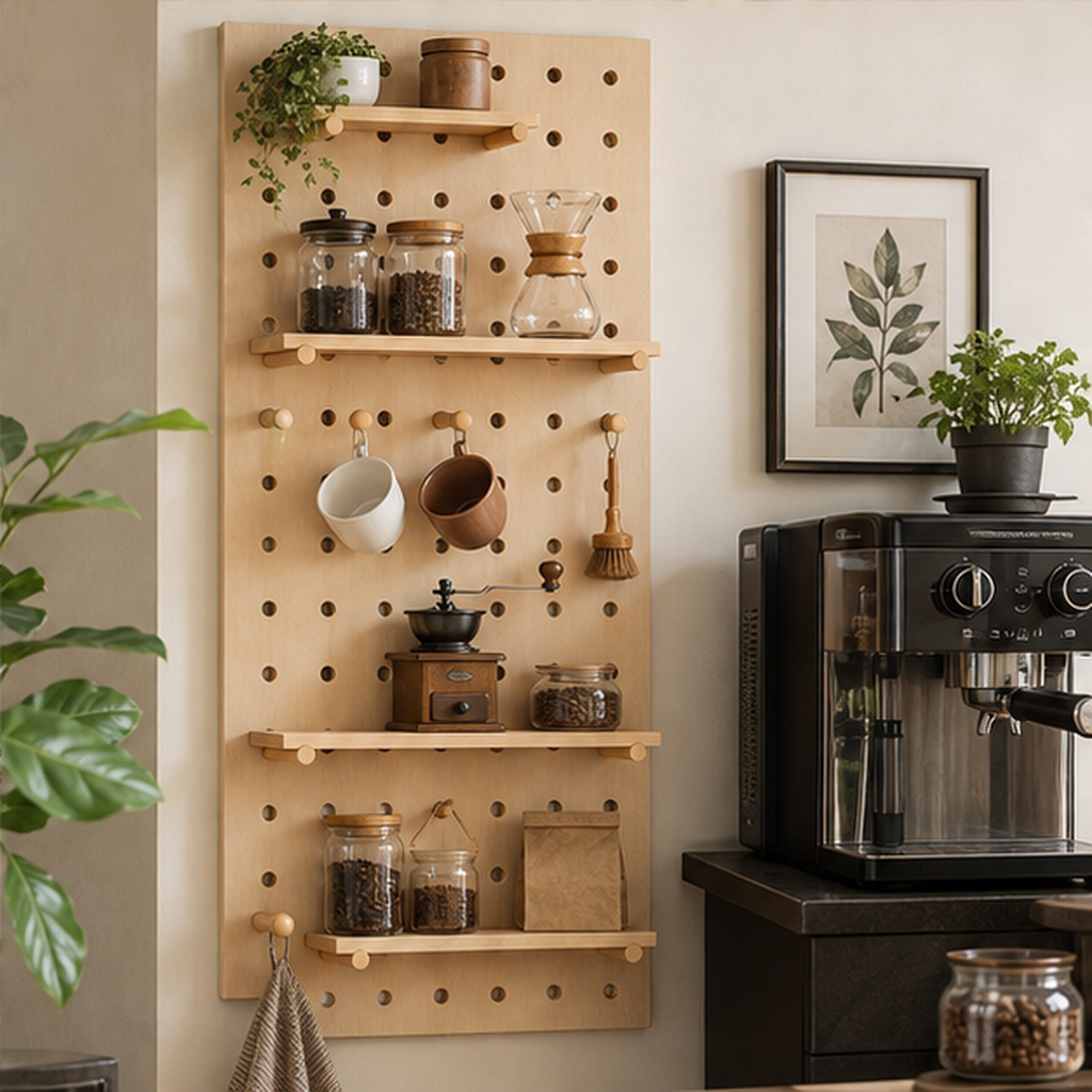 60 x 120 cm Natural Wood Classic coffee pegboard beside an espresso station