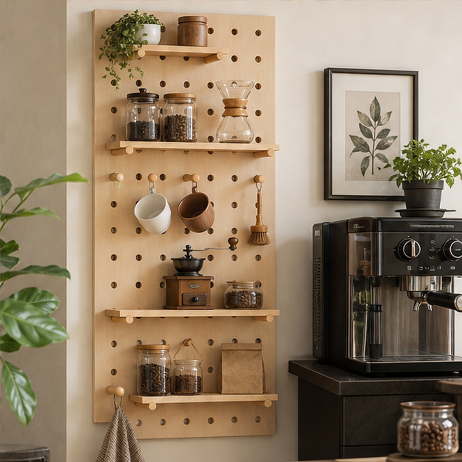 60 x 120 cm Natural Wood Classic coffee pegboard beside an espresso station