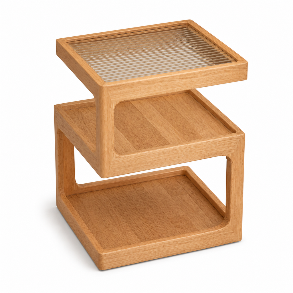 Natural finish three-tier coffee side table with alternating diagonal supports on white