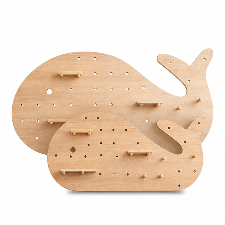 Natural Wood whale-shaped wall coffee pegboard organizer in two sizes on white