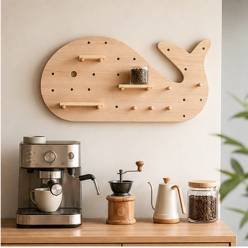 80 x 40 cm Natural Wood whale coffee pegboard above a compact coffee bar
