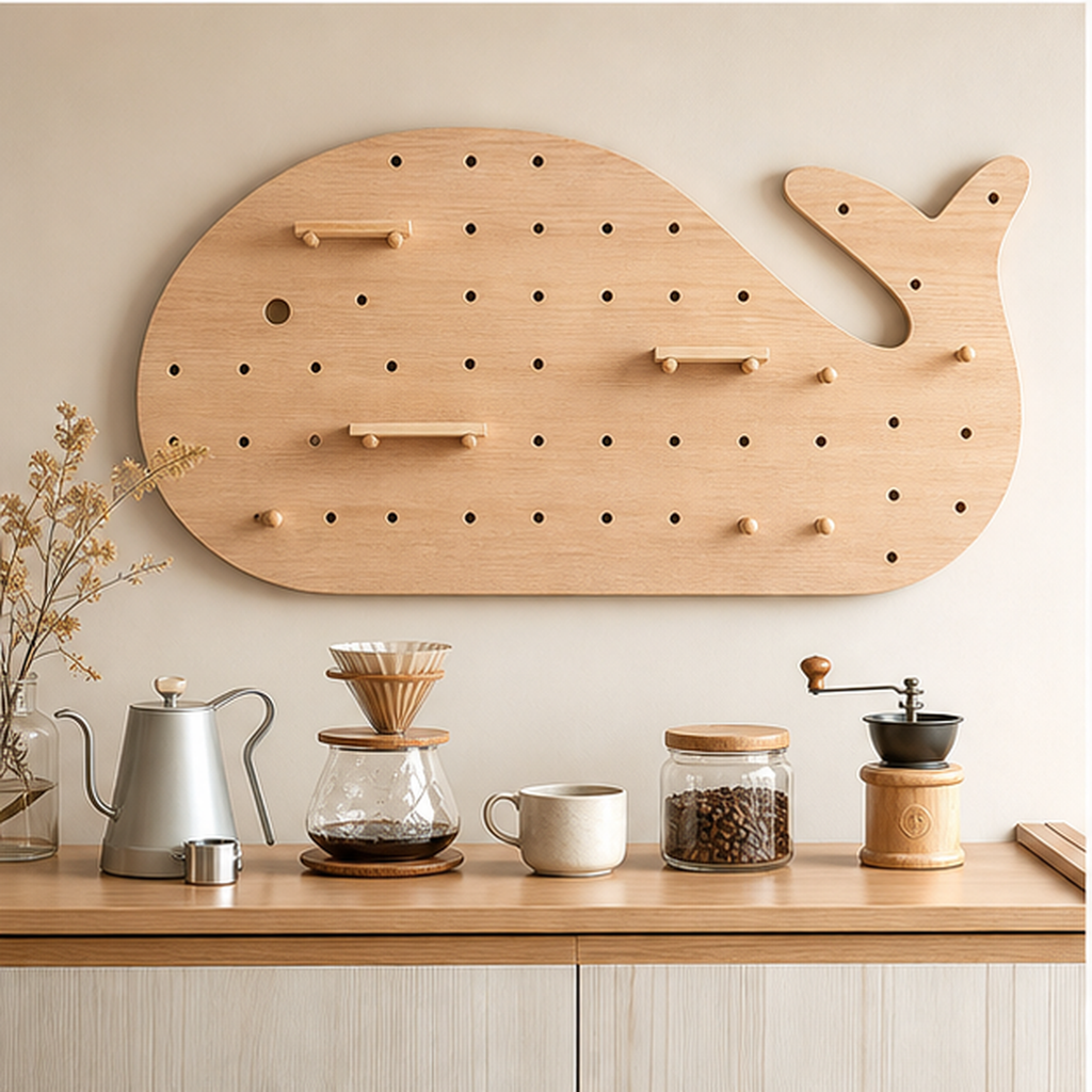 120 x 60 cm Natural Wood whale coffee pegboard above a coffee station