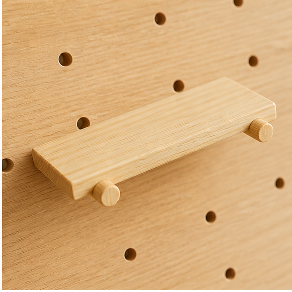 Natural Wood whale coffee pegboard removable shelf and peg detail