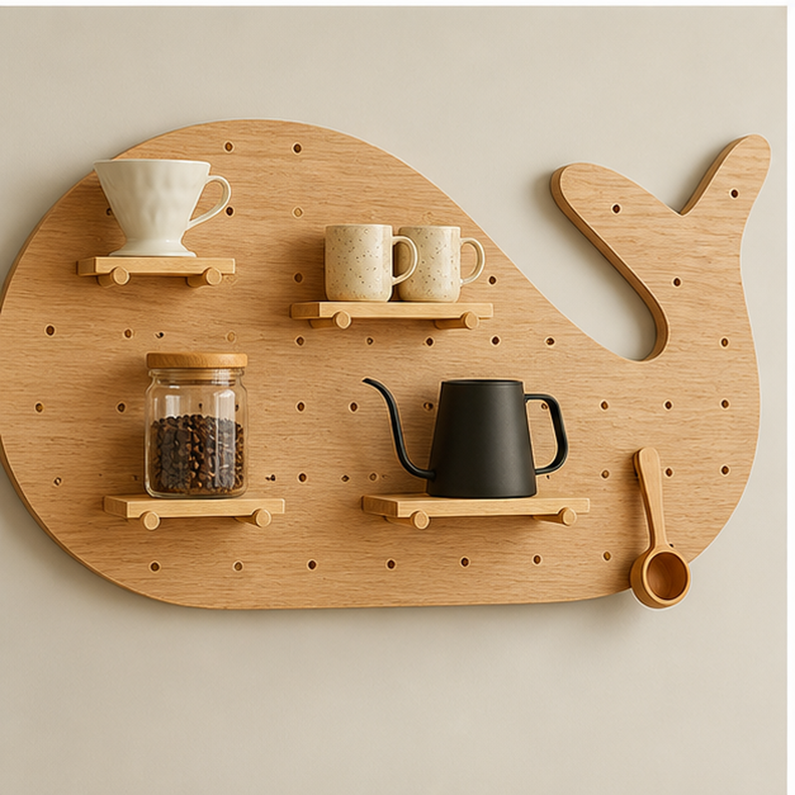 Natural Wood whale coffee pegboard flexible coffee storage configuration